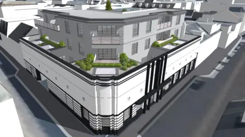 Government of Jersey / Castletree Group 3D architectural rendering of a modern, multi-story building on a corner lot, featuring a white facade with black accents, large windows, residential units with balconies above, and rooftop gardens with greenery, set in an urban environment.