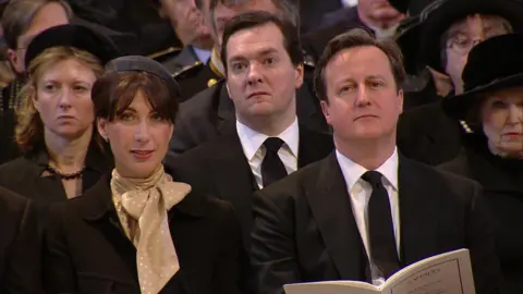 Then-chancellor George Osborne (centre) tearful during the ceremonial funeral for Margaret Thatcher on  7 Apr 2013