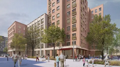 Basildon Borough Council/ Karakusevic Carson Architects CGI image of what the town's buildings and flats would look like. They sit among office buildings and retail spaces with people of all ages can be seen milling about. 