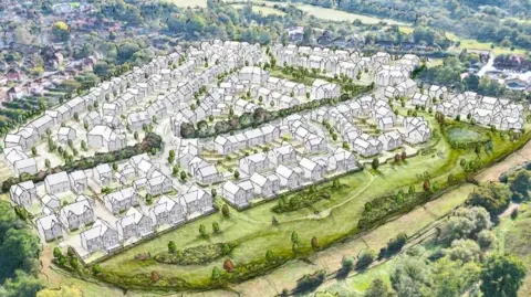 Cala Homes An artist's impression showing the outlines of the proposed homes in outline and surrounded by existing houses, fields and trees.