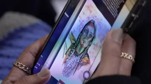 A painting of a woman gazing to the sky on Bella's mobile phone
