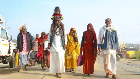 Millions begin bathing in sacred rivers during Hindu festivals in India 42 Ankit Srinivas A group of nine people, including four men, four women and a three-year-old girl, arrived in Prayagraj on Saturday, January 11, 2025, to participate in the Kumbh Mela festival.