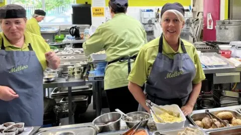 BBC Dinnertime at Whale Hill Primary School, Eston. Lunch staff in hats and grey aprons standing in from of silver hot plates of food including baked potatoes, baked beans, crusty bread, carrots and cucumber.