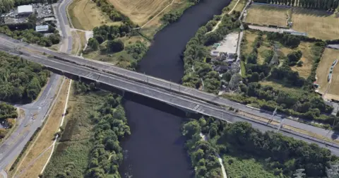 Aerial shot of Clifton Bridge, which takes a dual carriageway over the River Trent