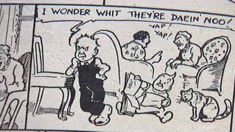 An Oor Wullie comic strip featuring drawings in black ink.