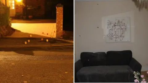 National Crime Agency A composite featuring an image on the left showing a crime scene outside of a property and an image on the right showing a sofa and walls with bullet marks on them