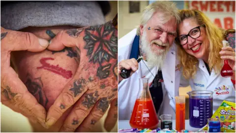 Mark Waugh / Swizzels-Matlow two pictures, on the left showing a Swizzels tattoo on Lee's knee