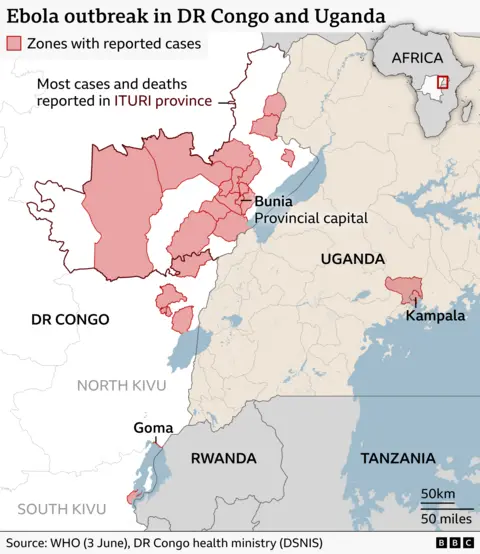 Map titled “Ebola outbreak in DR Congo and Uganda,” showing locations of reported cases in eastern Democratic Republic of Congo and parts of Uganda. Areas with cases are highlighted in red.
In DR Congo, the main cluster is in Ituri Province
Major geographic features include Lake Albert on the border and Lake Victoria in southern Uganda. Surrounding countries, including Rwanda and Tanzania, are also labelled.

