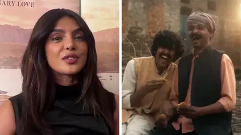 A composite of Priyanka on the left during the interview and a still from the film on the right showing two people embracing
