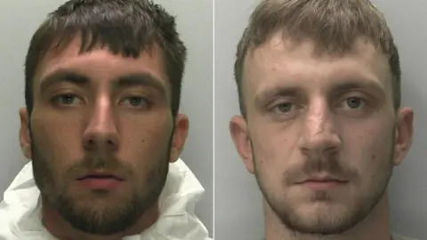 Devon and Cornwall Police Police mugshots of Thomas Ward and Ben Mason. Both are men in their mid-20s with brown hair and short beards.