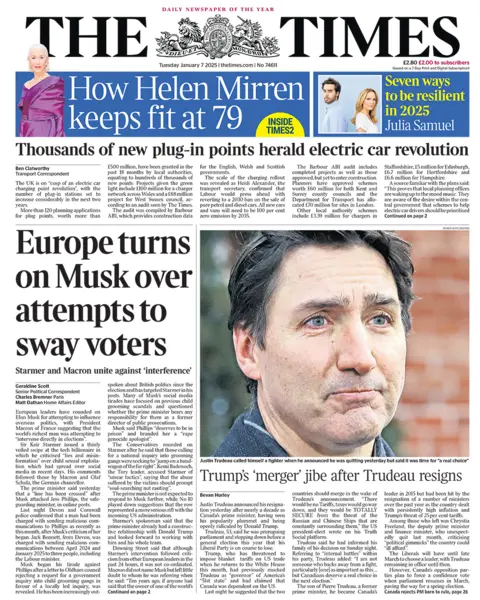 Judul utama di Times berbunyi: "Eropa menentang Musk karena upayanya untuk mempengaruhi pemilih".