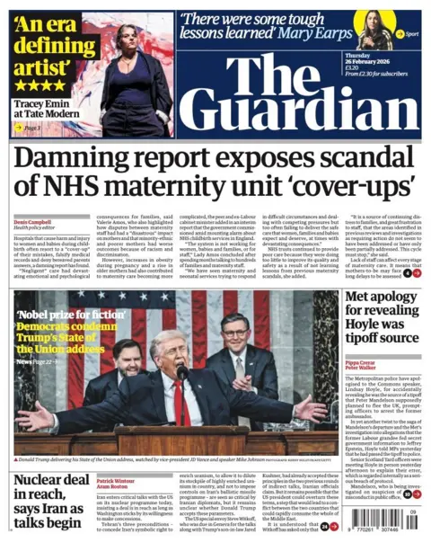 The headline on the front page of the Guardian reads: "Damning report exposes scandal of NHS maternity unit 'cover-ups'."