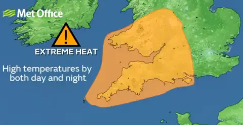 Met Office A map showing the extreme heat warning