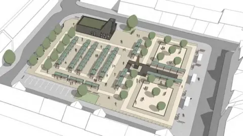 Lathams A Shirebrook Market Place sketch from above showing trees, market stalls, and parking spaces 