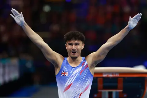 Jake Jarman reacts to landing his first vault
