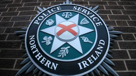 Close up of the PSNI emblem on a brick wall. A red x is in a circle in the centre of a star. It's surrounded by scales, a harp, a torch, a leaf, a shamrock and a crown. 