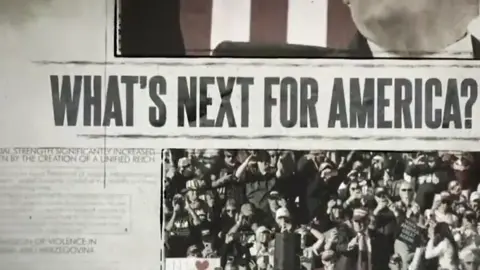 Trump Campaign A till from the video including headline "What's next for America" and the phrase "Unified Reich" in smaller print