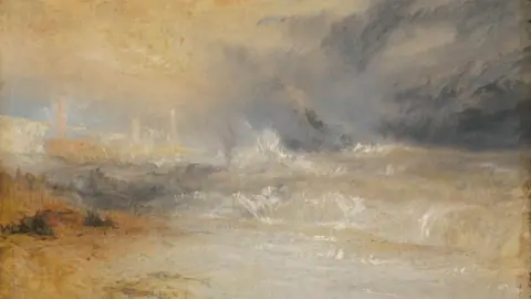 Tate Waves Breaking on a Lee Shore at Margate - an oil sketch by Turner shows waves breaking with the town in the distance