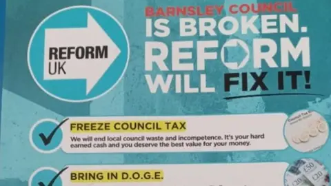 Reform UK An election leaflet for Reform UK has turquoise and yellow branding and lists a number of election pledges