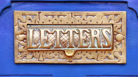 An ornate brass letterbox in a bright blue painted door