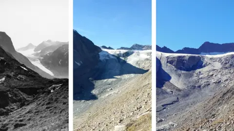 ÖAV Archiv; ÖAV Glacier Measuring Service/Martin Stocker-Waldhuber A composite image showing the Alpeiner Ferner glacier in three differnet stages. It is much wider in the picture from 1936, while there is also visible melting between 2018 and 2025