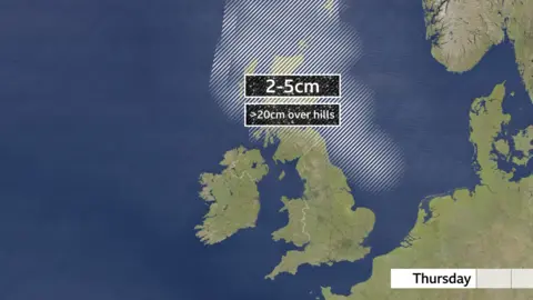 A map of the UK showing a band of snow covering the top half of Scotland.