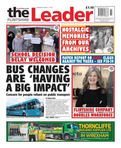 The Flintshire Leader The Flintshire Leader front page headline: Bus changes are 'having a big impact'; Concern for people reliant on public transport. Photo of an Arriva bus in Wales below.