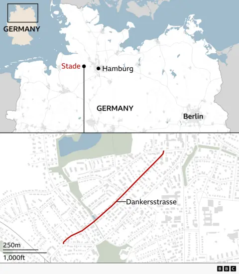 Map of northern Germany showing the location of Stade, marked west of Hamburg and northwest of Berlin, with an inset highlighting Germany’s position in Europe. A zoomed-in street map below traces Dankersstrasse in Stade with a red line running southwest to northeast through a residential area near a park and a small lake, with a 250m (1,000ft) scale and BBC logo.