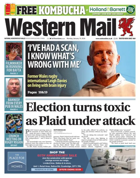 Western Mail Front page of Western Mail shows main two main headlines. The first reads: "'I've had a scan, I know what's wrong with me'" and is next to an image of former Wales rugby international Leigh Davies. He has short grey hair and wears a grey hoodie. The other main headline reads: "Election turns toxic as Plaid under attack". Other headlines read: "Filmmaker in running for Bafta", "Banned! From every pub in Wales", "Crunch meeting on rugby region". 
