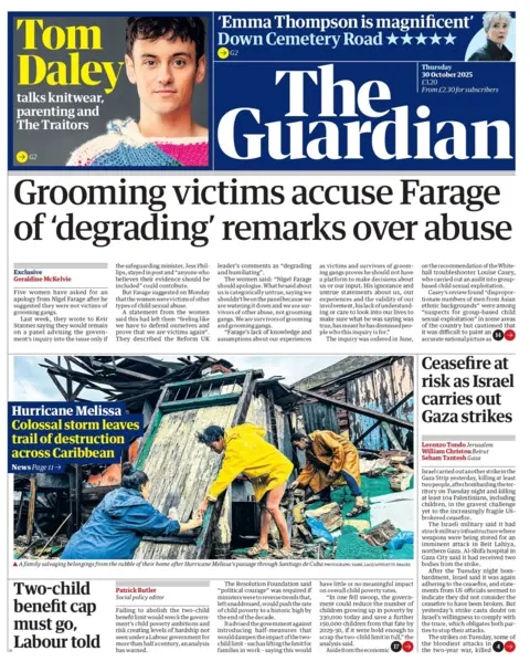 "Grooming victims accuse Farage of 'degrading' remarks over abuse" reads the headline on the front page of The Guardian.