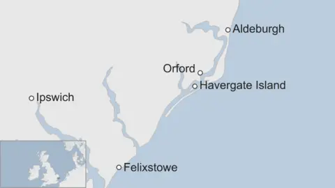 Map showing Havergate Island, Suffolk