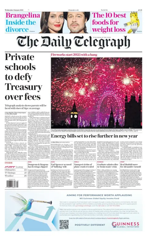 The Daily Telegraph's main headline reads "Private schools to defy Treasury over fees"