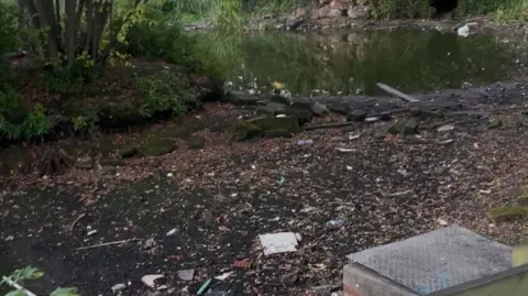 BBC Dried-up mud bed next to receding waters of partly-dried up lake. 