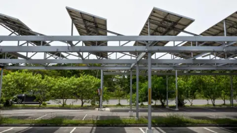 Wokingham Borough Council Strips of solar panels sit above a car park in an artist's impression of how the charging scheme will look in practice. 