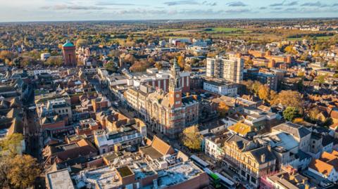 An aerial image of Colchester city centre