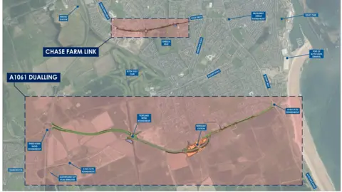 Northumberland County Council A map of Blyth highlighting the planned road changes. A large red rectangle to the south of the town shows plans to turn the A1061 into a dual carriageway. A smaller rectangle shows the location of the proposed Chase Farm Link.