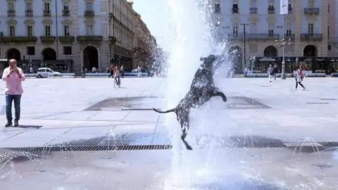 EPA A dog cools off in a fountain in Turin, Italy - 27 June