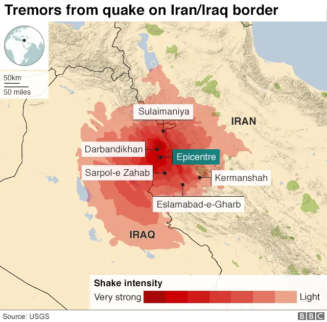 A map showing an earthquake in the Iran-Iraq border region