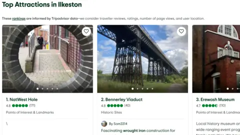 Tripadvisor A website page showing three different attractions in Ilkeston, the Natwest Hole, Bennerley Viaduct and the Erewash Museum