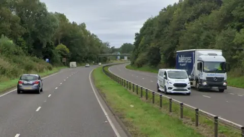 A dual carriageway road divided by a fenced off strip of grass and bordered by street lamps and trees bordering it. A car, van and lorry are on the road