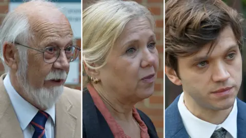 The three family members seen side by side. David Irvin, father, is wearing glasses and a light jacket. Nicola Irvin, sister, has short light hair and earrings. Brother Tom Powell has short brown hair and is wearing a suit.