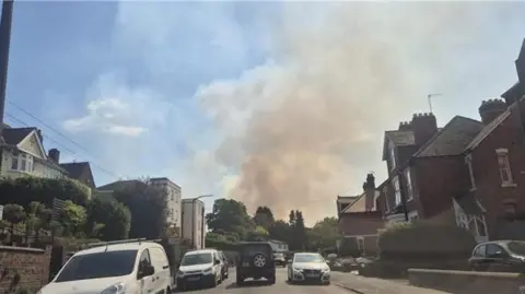 Suzanne Webb A large plume of smoke can be seen in the distance, billowing above a residential street in the foreground with cars parked either side.