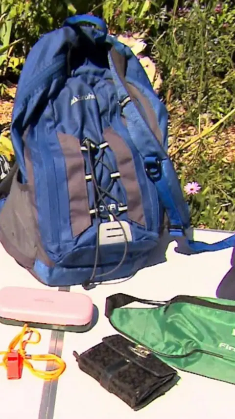A rucksack and items displayed on a table