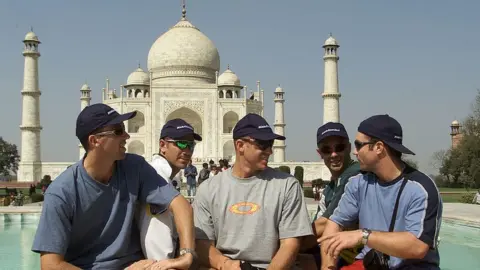 Getty Images Glenn McGrath, Justin Langer, Matthew Hayden, Colin Miller and Michael Slater of Australia pose in front of the Taj on 5 March 2001.