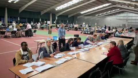 Long rows of tables set up in a school gymnasium with people counting votes.