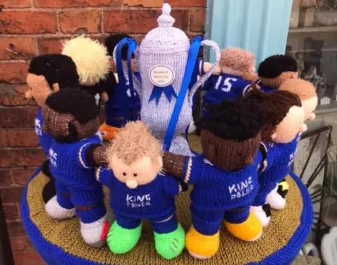 Syston Town News Postbox topper featuring LCFC players and a FA Cup trophy following Leicester City's win in 2021