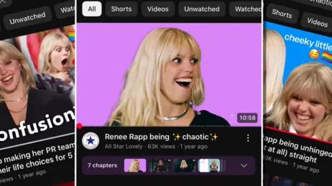 YouTube A montage of thumbnails for Renée Rapp's interviews on YouTube