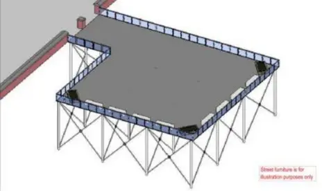 Mason Clark Associates/Hull City Council A design showing a square-shaped pier with street furniture on. 