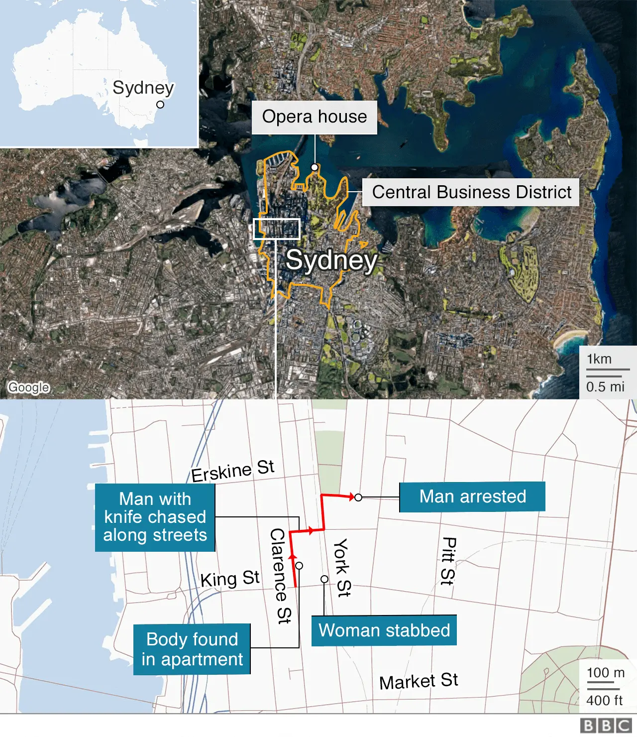 Map showing the area in Sydney where the attack took place and where a man was arrested