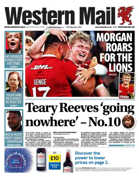 Western Mail Front page of the Western Mail. Main headline reads: Teary Reeves 'going nowhere' - No.10. Other headlines read: Morgan roars for the lions. NHS workers in Wales vote for strike. Welsh rugby must change - Dan Biggar, with a picture of a man with a beard. 